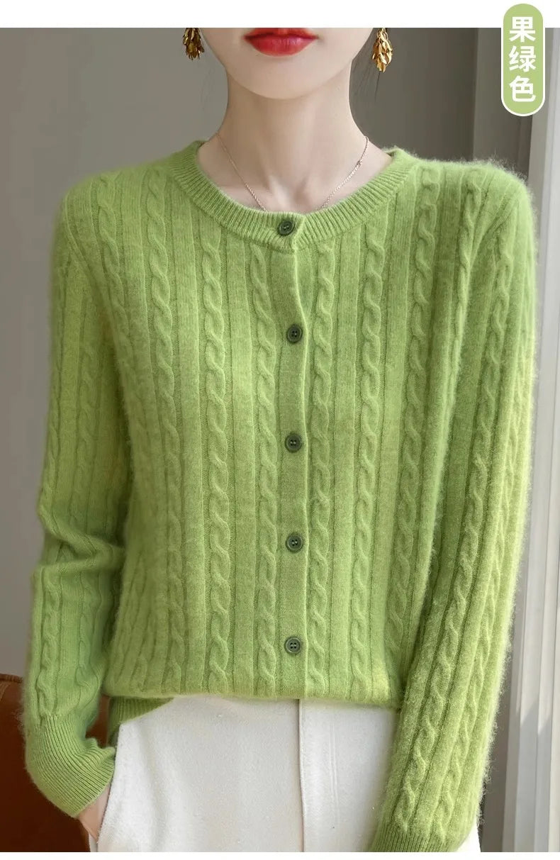 Cardigan Femme Blanc – Tricot Uni Col Rond Boutonné Manches Longues Automne Hiver 2025