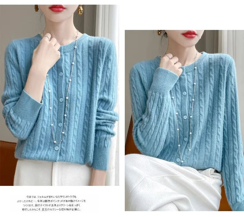 Cardigan Femme Blanc – Tricot Uni Col Rond Boutonné Manches Longues Automne Hiver 2025.