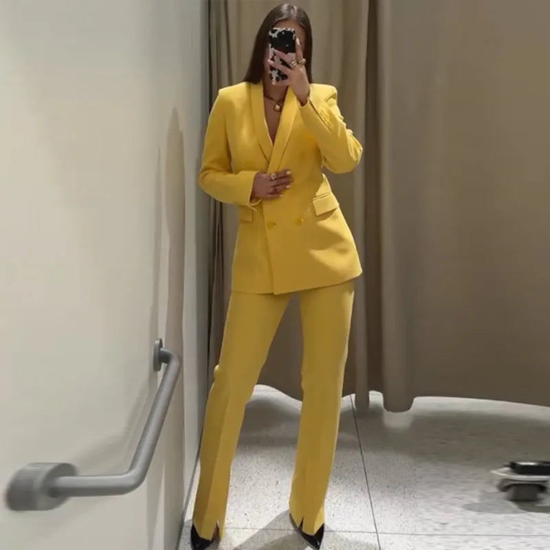 Tailleur Femme 2 Pièces – Blazer à Col Revers & Pantalon Large, Ensemble Bureau Chic 2025 | F-laglam.