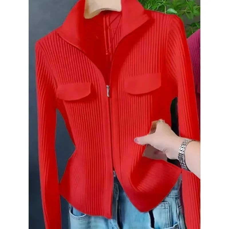 Cardigan Court Femme à Fermeture Zippée – Tricot Uni Col Revers Style Coréen Printemps Automne 2025