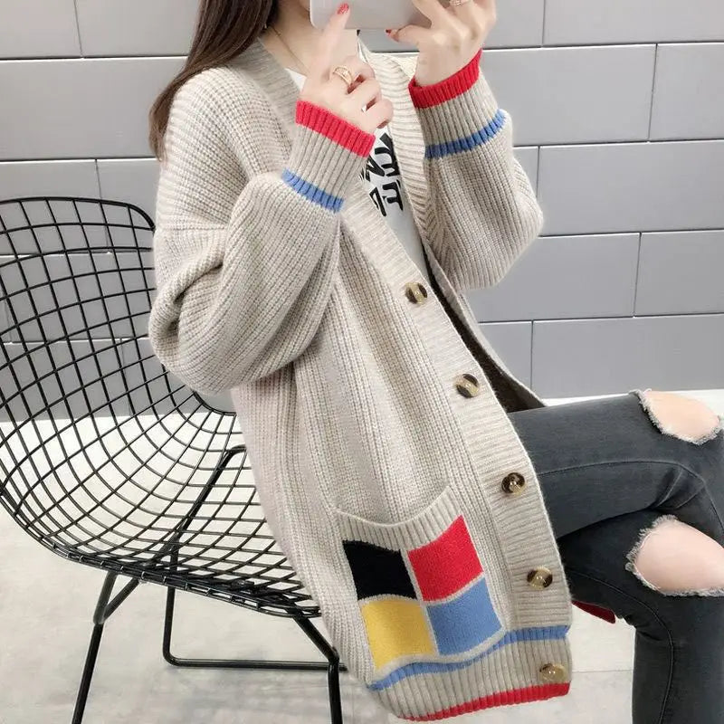 Cardigan Femme Mi-long – Manteau Tricoté Loose Style Coréen Printemps Automne.