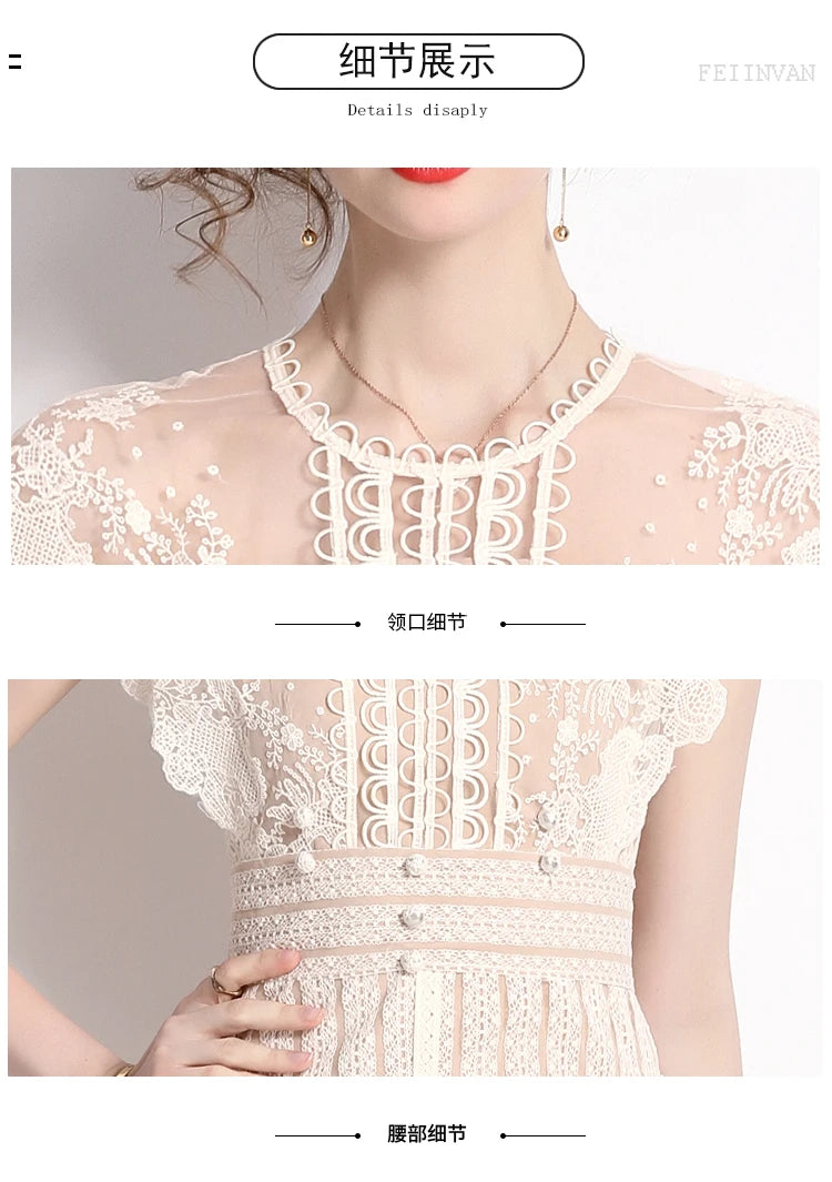 Robe midi femme à fleurs brodées – manches courtes, style vintage élégant