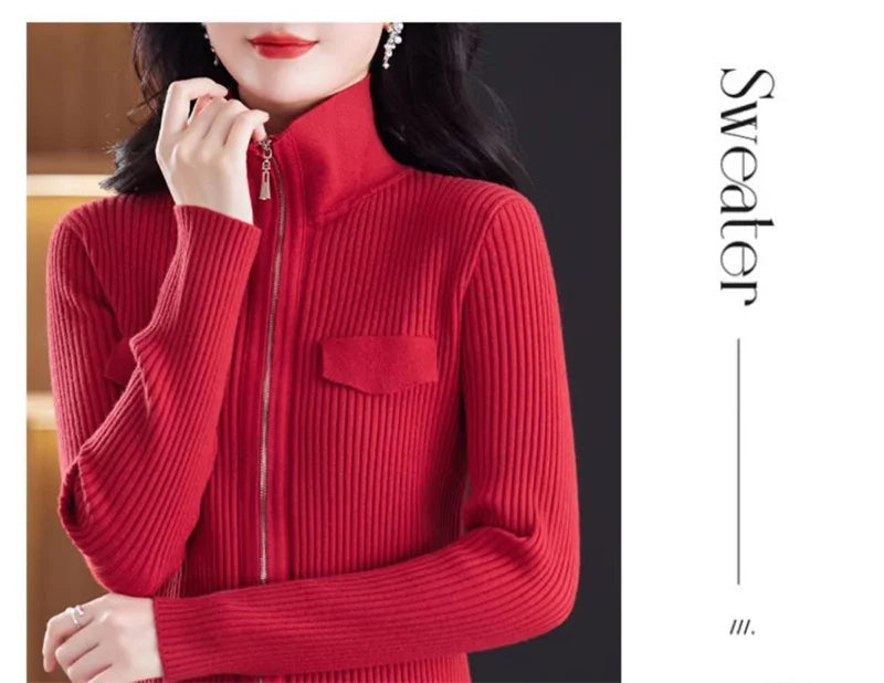 Cardigan Court Femme à Fermeture Zippée – Tricot Uni Col Revers Style Coréen Printemps Automne 2025.
