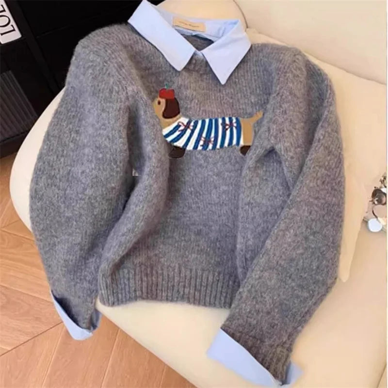 Pull Femme Cartoon Chien – Tricot Doux Gris Col Chemise Style Deux-en-Un Automne Hiver 2025