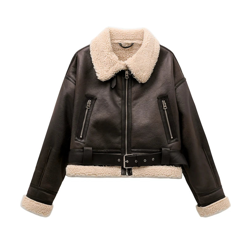 Manteau femme chaud en fausse fourrure shearling, style vintage ceinturé.