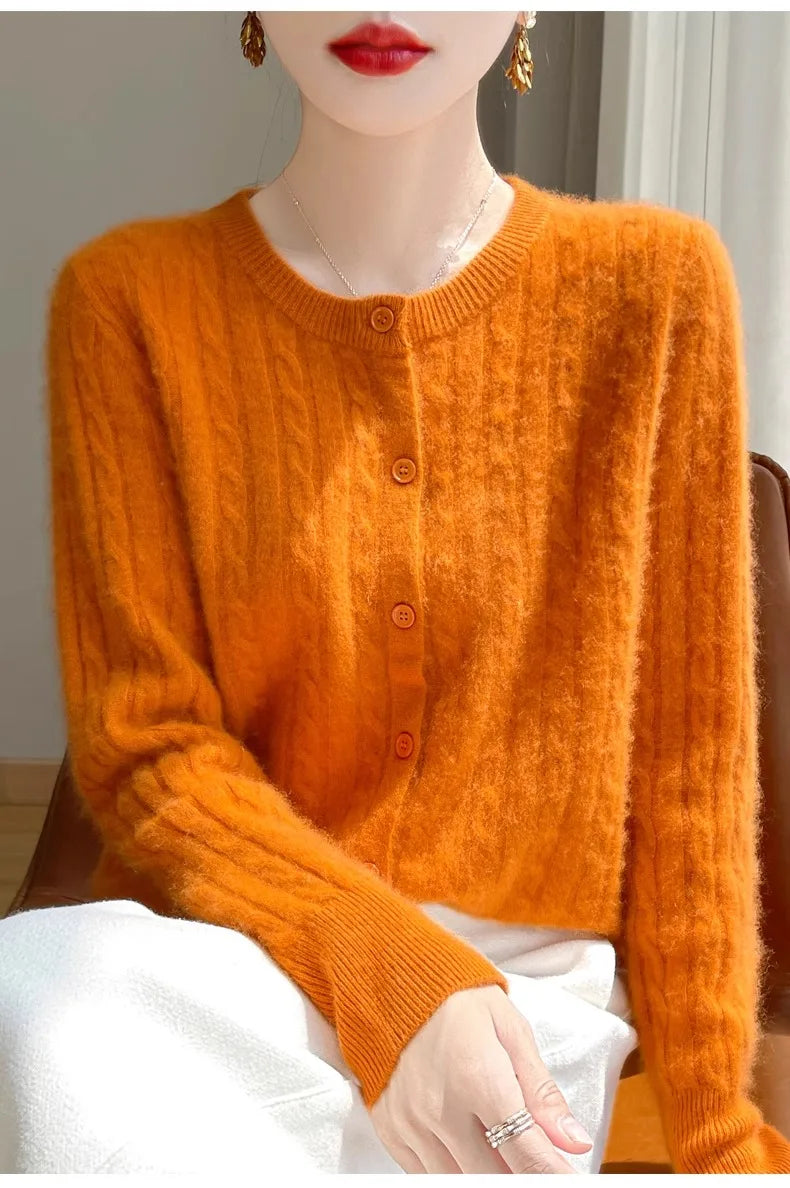 Cardigan Femme Blanc – Tricot Uni Col Rond Boutonné Manches Longues Automne Hiver 2025