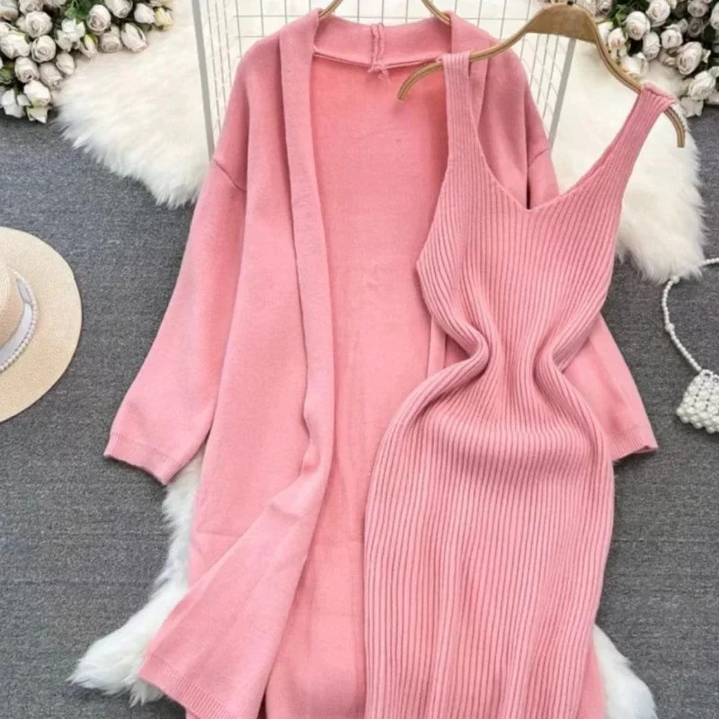 Ensemble robe pull et veste longue femme – style français printemps/automne 2024