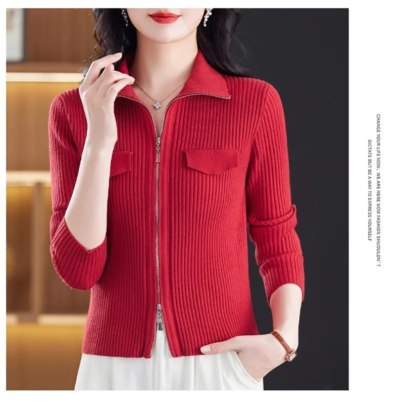 Cardigan Court Femme à Fermeture Zippée – Tricot Uni Col Revers Style Coréen Printemps Automne 2025