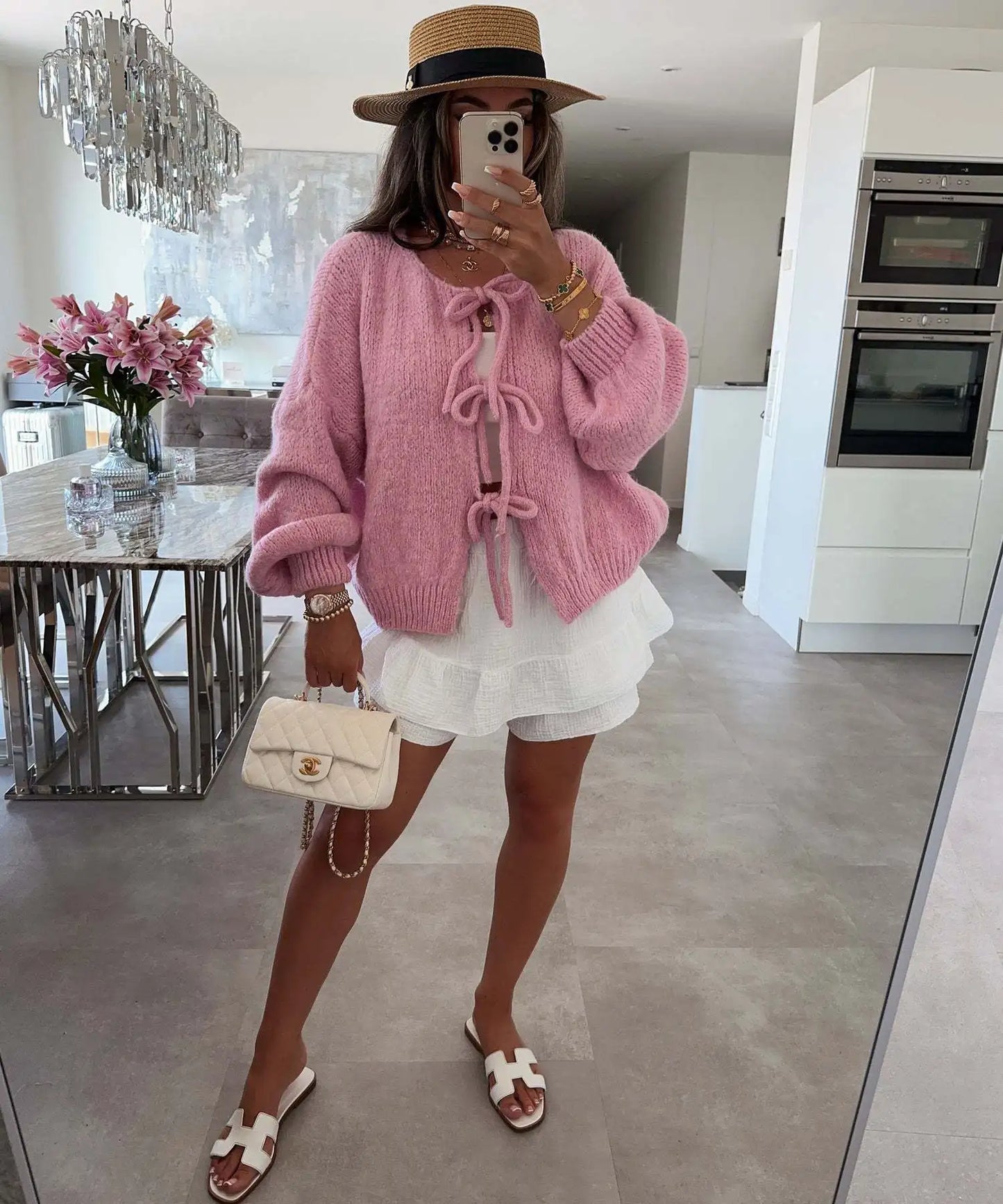 Cardigan Femme Élégant – Tricot Uni avec Lacet, Col Rond, Style Simple Chic |.