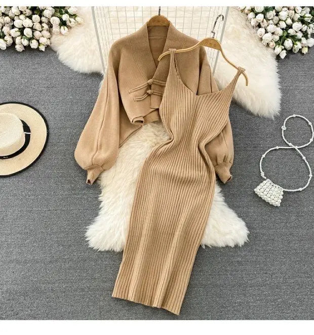 Ensemble Femme 2 Pièces – Cardigan Tricoté à Lacets & Robe Camisole, Style Chinois Moderne Élégant |