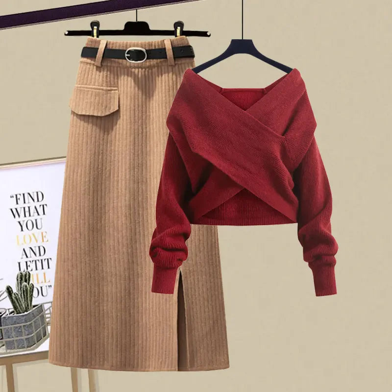 Ensemble Femme 2 Pièces – Pull Col V Tricoté & Jupe Taille Haute, Outfit Chic Coréen.