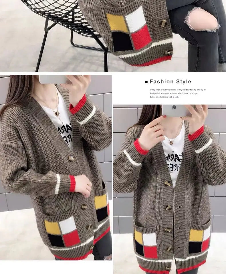 Cardigan Femme Mi-long – Manteau Tricoté Loose Style Coréen Printemps Automne.