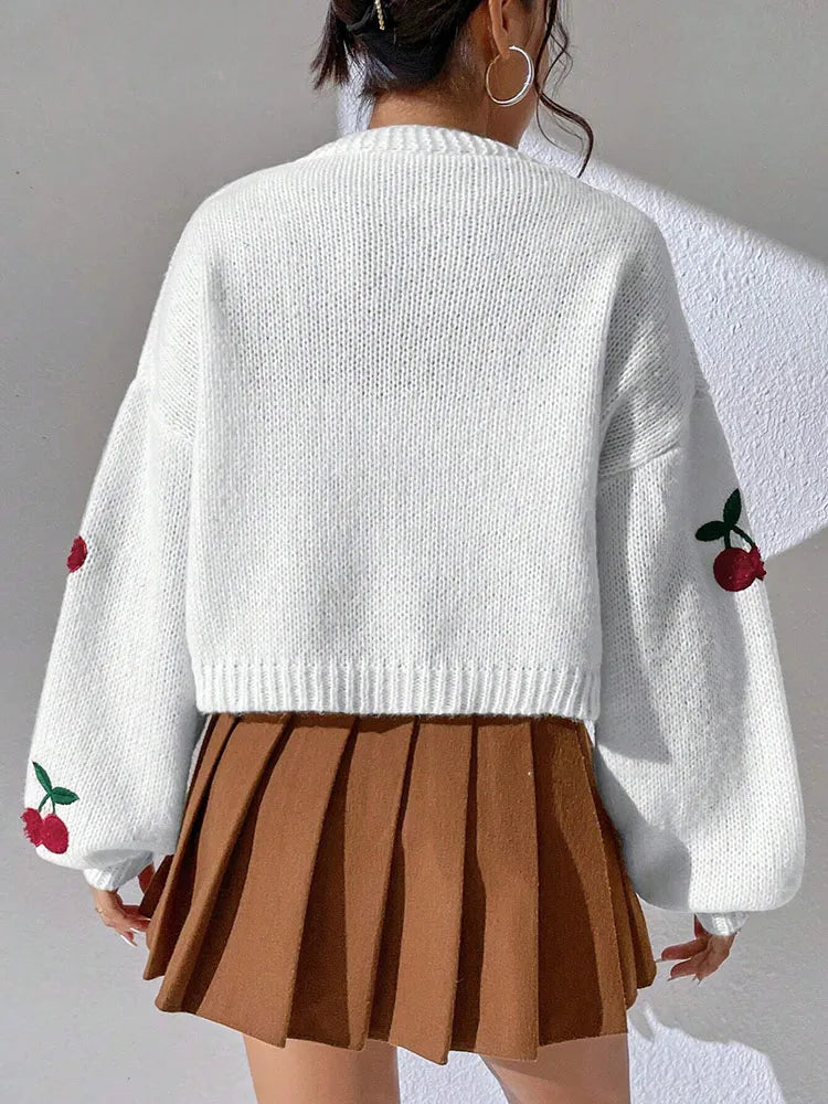Cardigan Femme à Épaules Tombantes – Tricot Loose Brodé Cerises, Style Commuter.