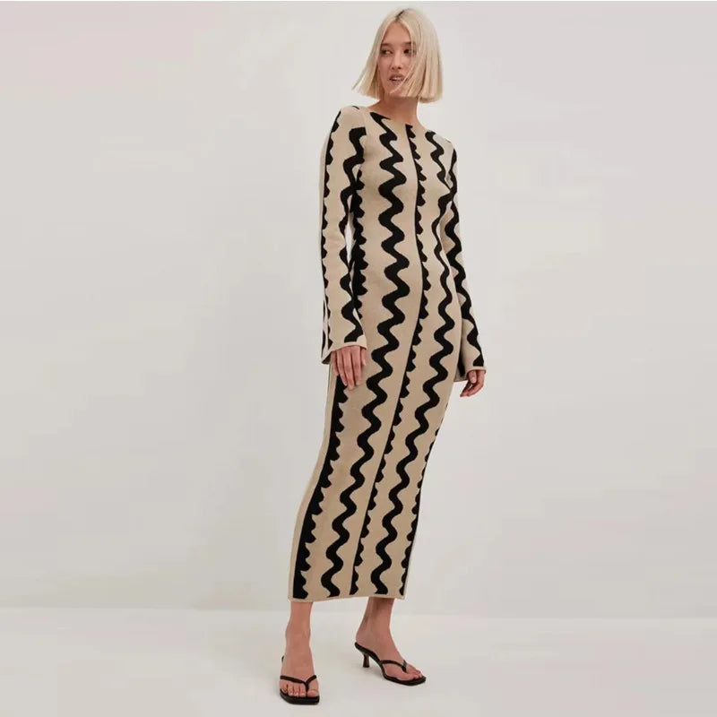 Robe Pull Longue Femme – Tricot Rayé Slim Bodycon Élégante pour l’Hiver | F-laglam