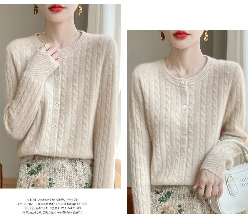 Cardigan Femme Blanc – Tricot Uni Col Rond Boutonné Manches Longues Automne Hiver 2025.