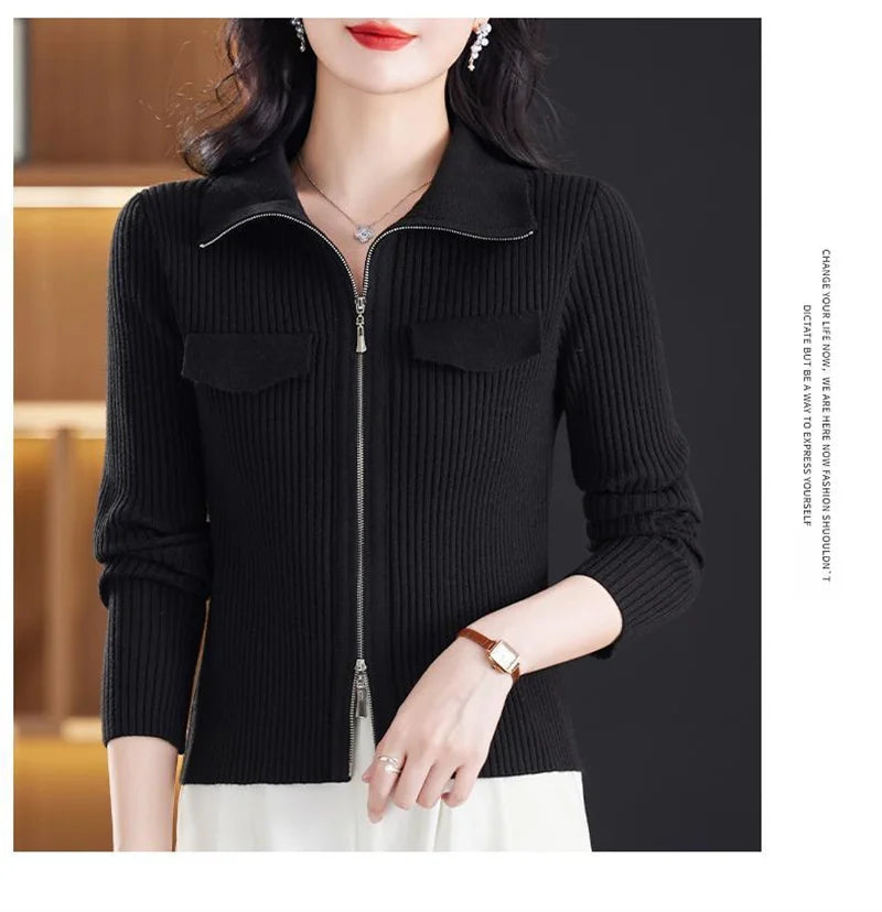 Cardigan Court Femme à Fermeture Zippée – Tricot Uni Col Revers Style Coréen Printemps Automne 2025