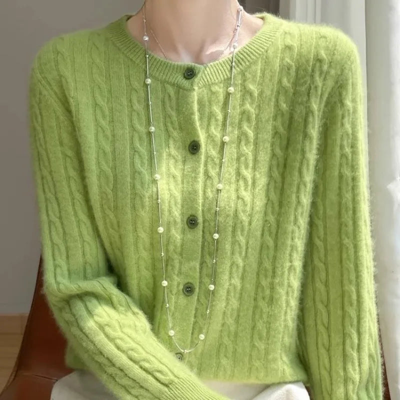 Cardigan Femme Blanc – Tricot Uni Col Rond Boutonné Manches Longues Automne Hiver 2025.