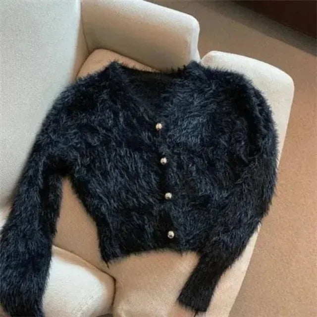 Cardigan Court Femme Y2K – Tricot Élastique en Fausse Fourrure Mink Fluffy, Slim & Sexy Streetwear Printemps Automne | F-laglam.