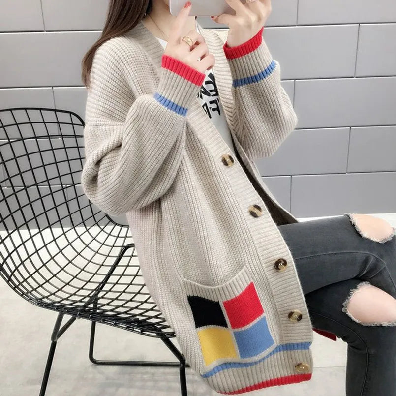 Cardigan Femme Mi-long – Manteau Tricoté Loose Style Coréen Printemps Automne.