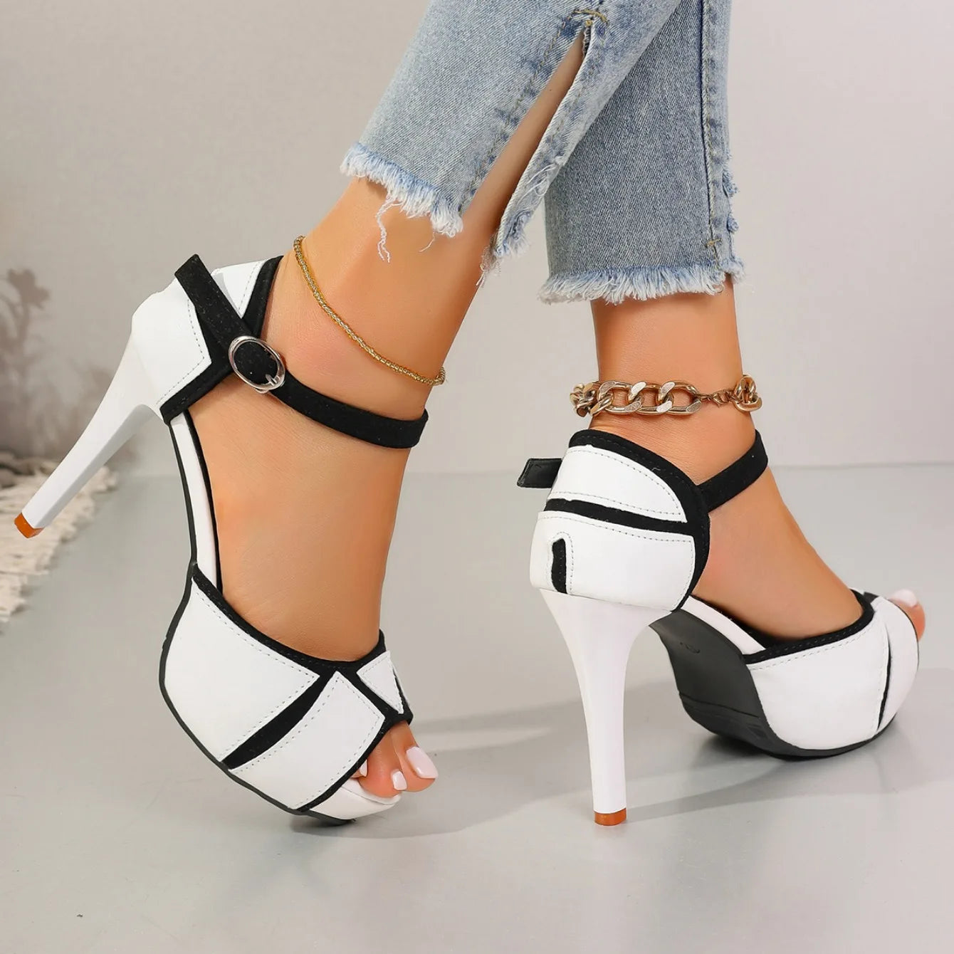 Sandales Femme à Talons Fins – Colorblock Peep Toe Plateforme Été Sexy |.