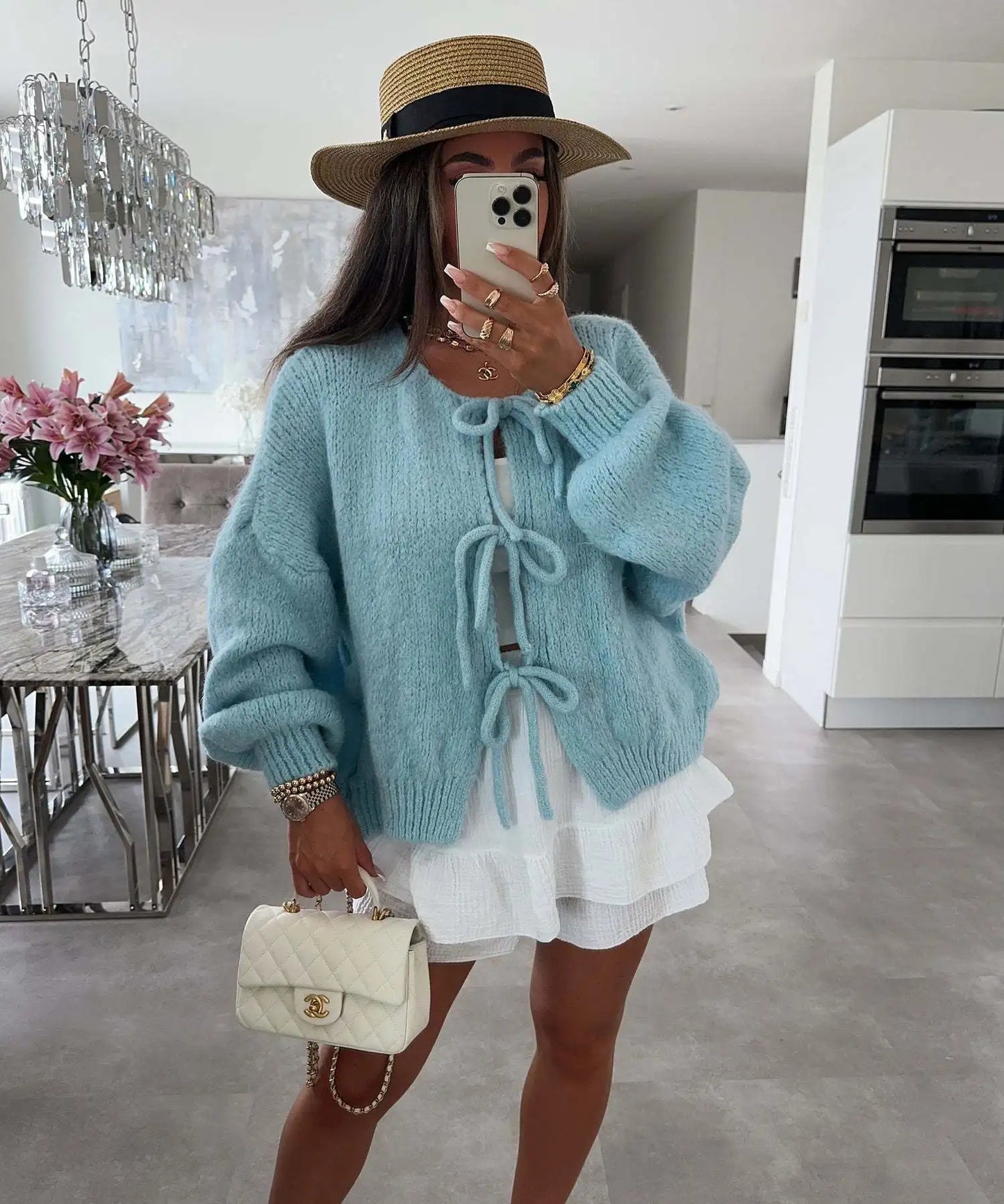 Cardigan Femme Élégant – Tricot Uni avec Lacet, Col Rond, Style Simple Chic |