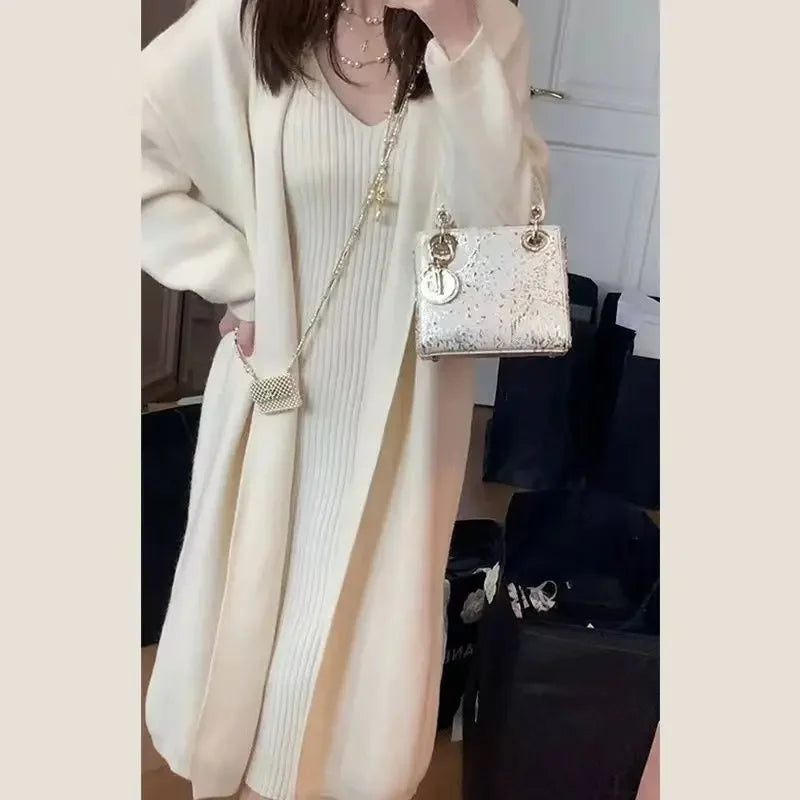 Ensemble robe pull et veste longue femme – style français printemps/automne 2024
