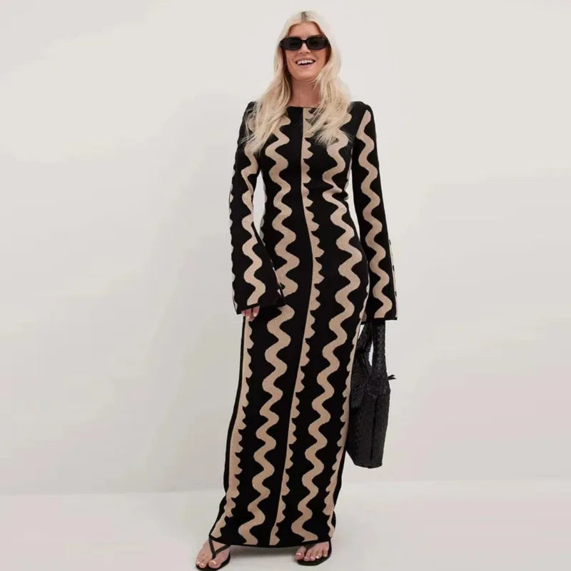 Robe Pull Longue Femme – Tricot Rayé Slim Bodycon Élégante pour l’Hiver | F-laglam.