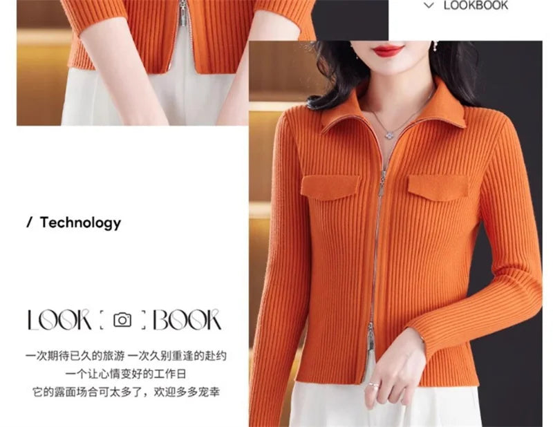 Cardigan Court Femme à Fermeture Zippée – Tricot Uni Col Revers Style Coréen Printemps Automne 2025.