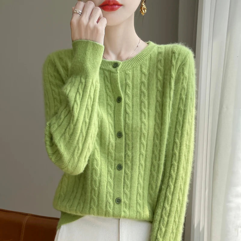 Cardigan Femme Blanc – Tricot Uni Col Rond Boutonné Manches Longues Automne Hiver 2025