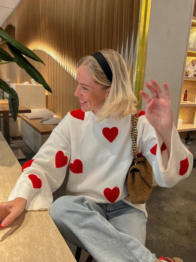 Pull Femme Sweet Heart – Tricot Vintage Loose à Col Rond, Manches Longues.