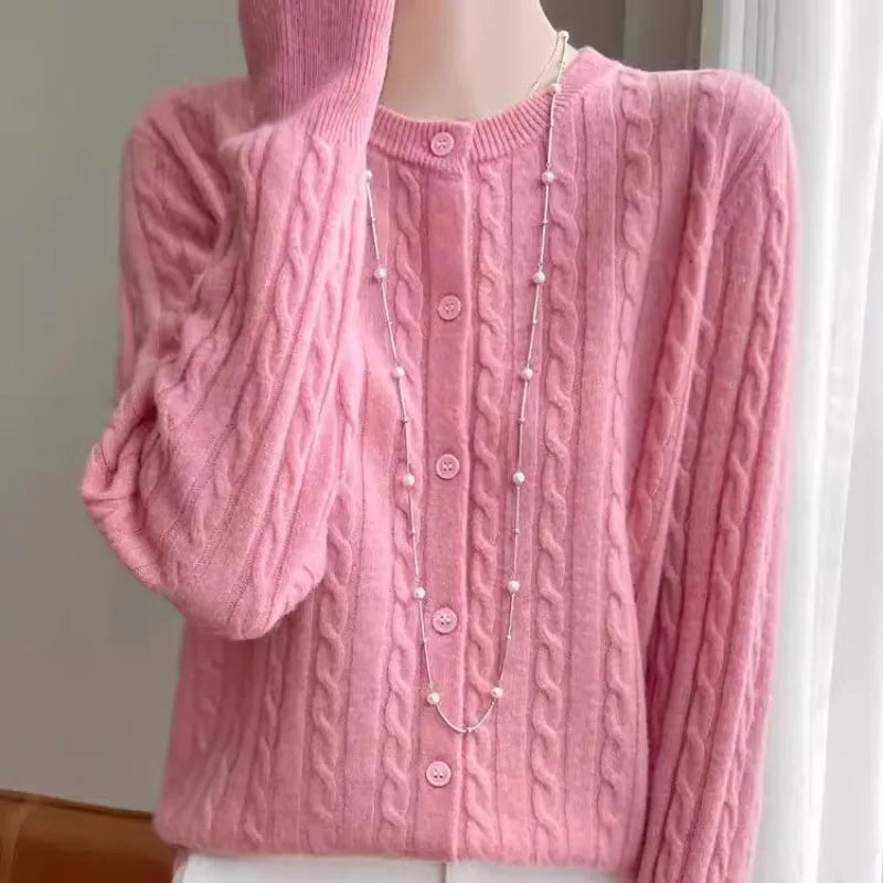 Cardigan Femme Blanc – Tricot Uni Col Rond Boutonné Manches Longues Automne Hiver 2025.