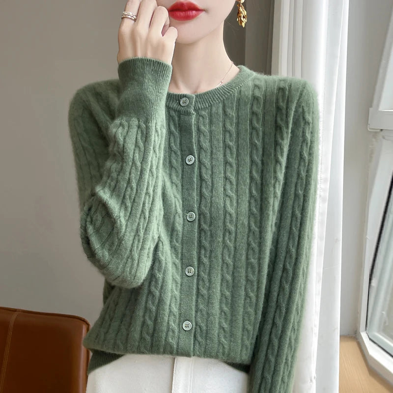 Cardigan Femme Blanc – Tricot Uni Col Rond Boutonné Manches Longues Automne Hiver 2025