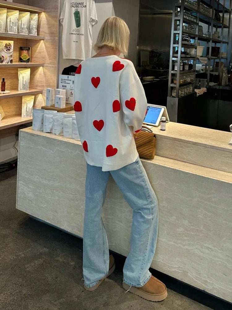 Pull Femme Sweet Heart – Tricot Vintage Loose à Col Rond, Manches Longues.