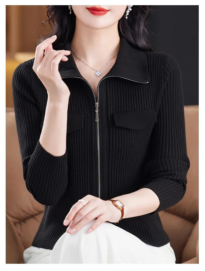 Cardigan Court Femme à Fermeture Zippée – Tricot Uni Col Revers Style Coréen Printemps Automne 2025