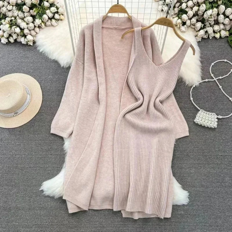 Ensemble robe pull et veste longue femme – style français printemps/automne 2024