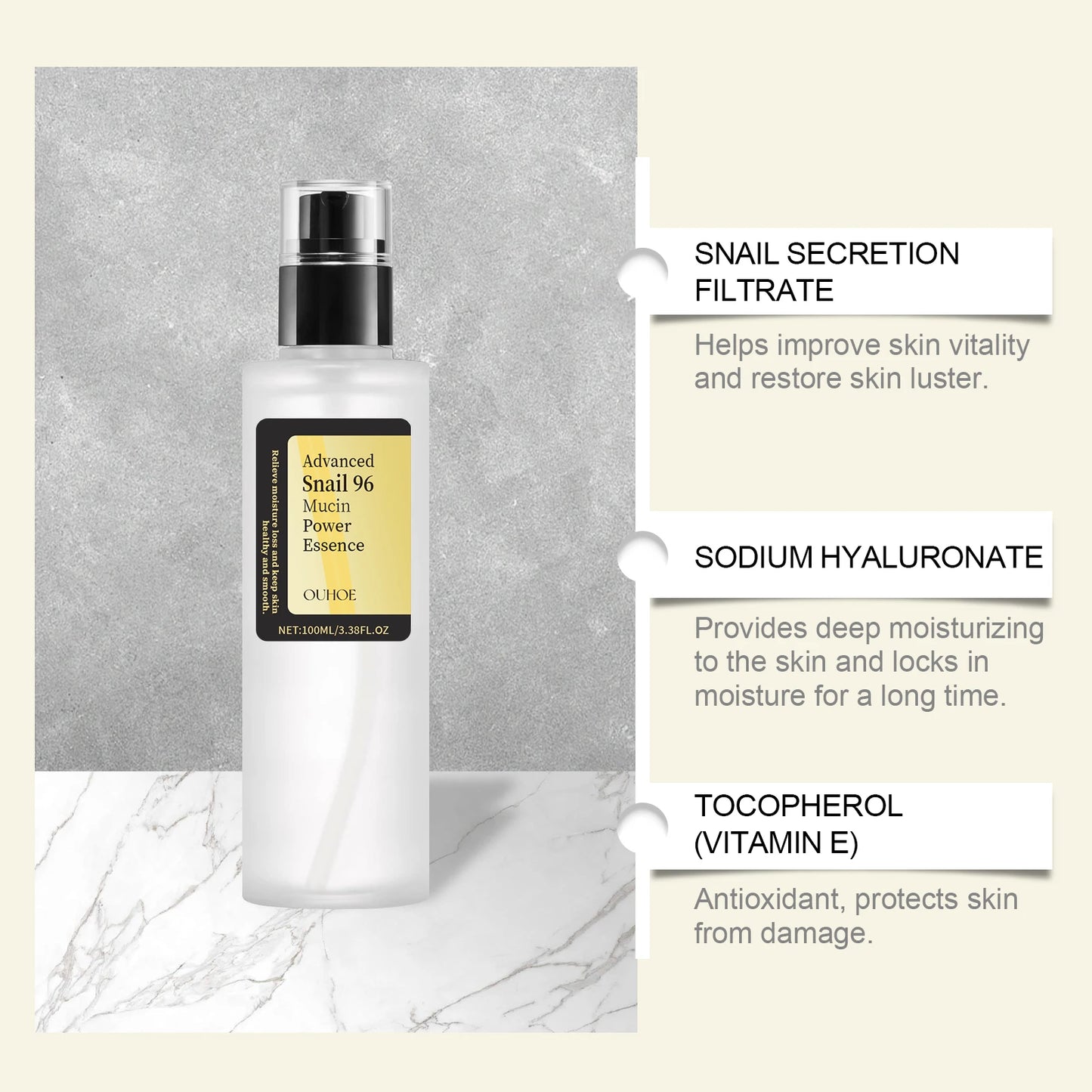 Essence Puissance Mucine d’Escargot 96 – Anti-Rides, Hydratante, Raffermissante et Éclaircissante