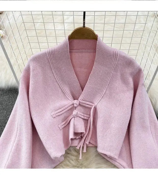 Ensemble Femme 2 Pièces – Cardigan Tricoté à Lacets & Robe Camisole, Style Chinois Moderne Élégant |