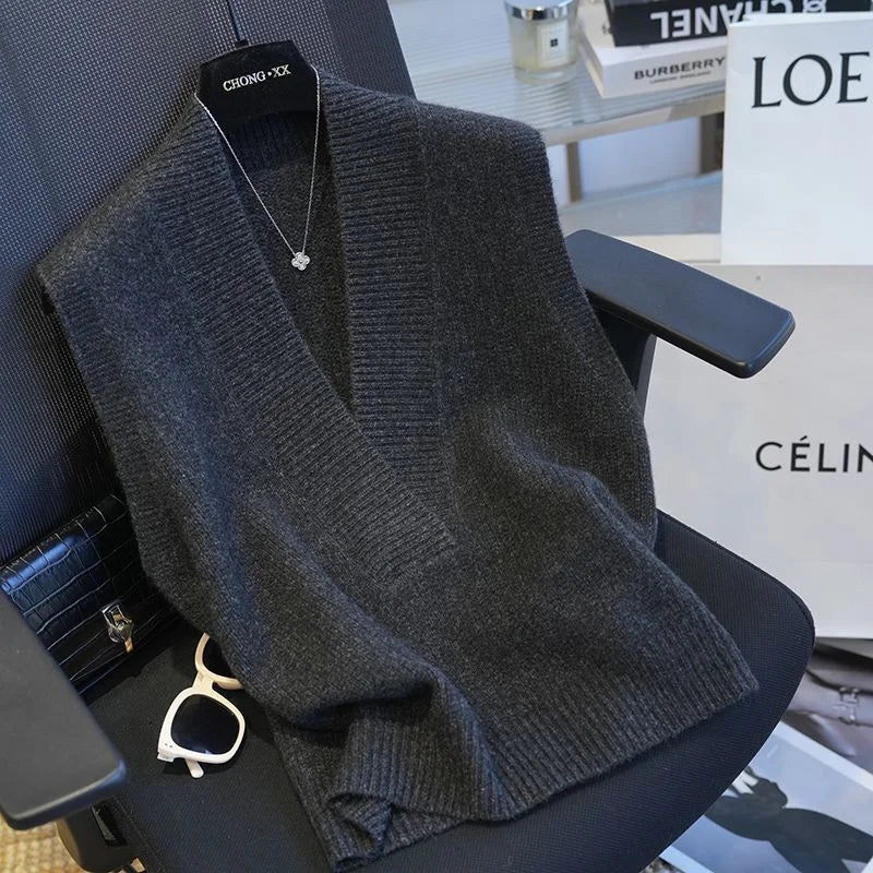 Gilet Pull Femme Sans Manches – Tricot Col V Uni Décontracté Automne Hiver