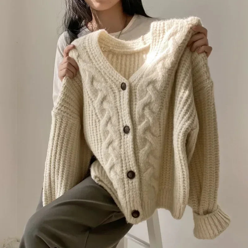 Cardigan Femme Torsadé Style Rétro Français – Tricot Loose Col V Décontracté Printemps.