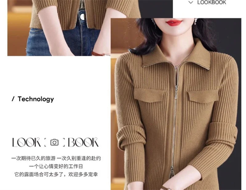 Cardigan Court Femme à Fermeture Zippée – Tricot Uni Col Revers Style Coréen Printemps Automne 2025.