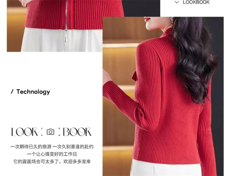Cardigan Court Femme à Fermeture Zippée – Tricot Uni Col Revers Style Coréen Printemps Automne 2025