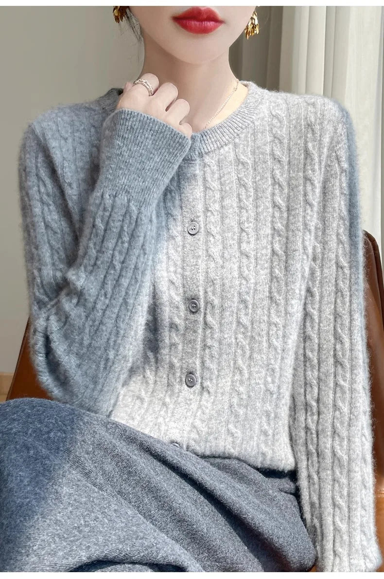 Cardigan Femme Blanc – Tricot Uni Col Rond Boutonné Manches Longues Automne Hiver 2025