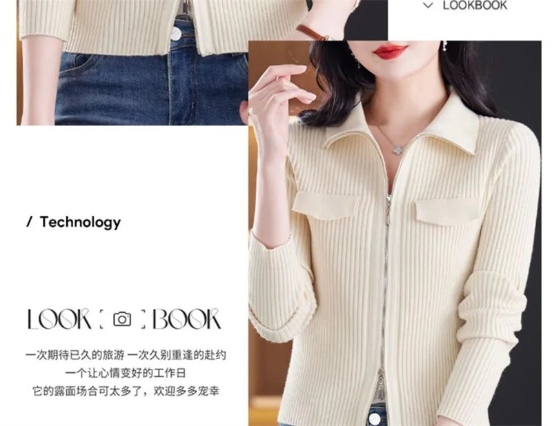 Cardigan Court Femme à Fermeture Zippée – Tricot Uni Col Revers Style Coréen Printemps Automne 2025.