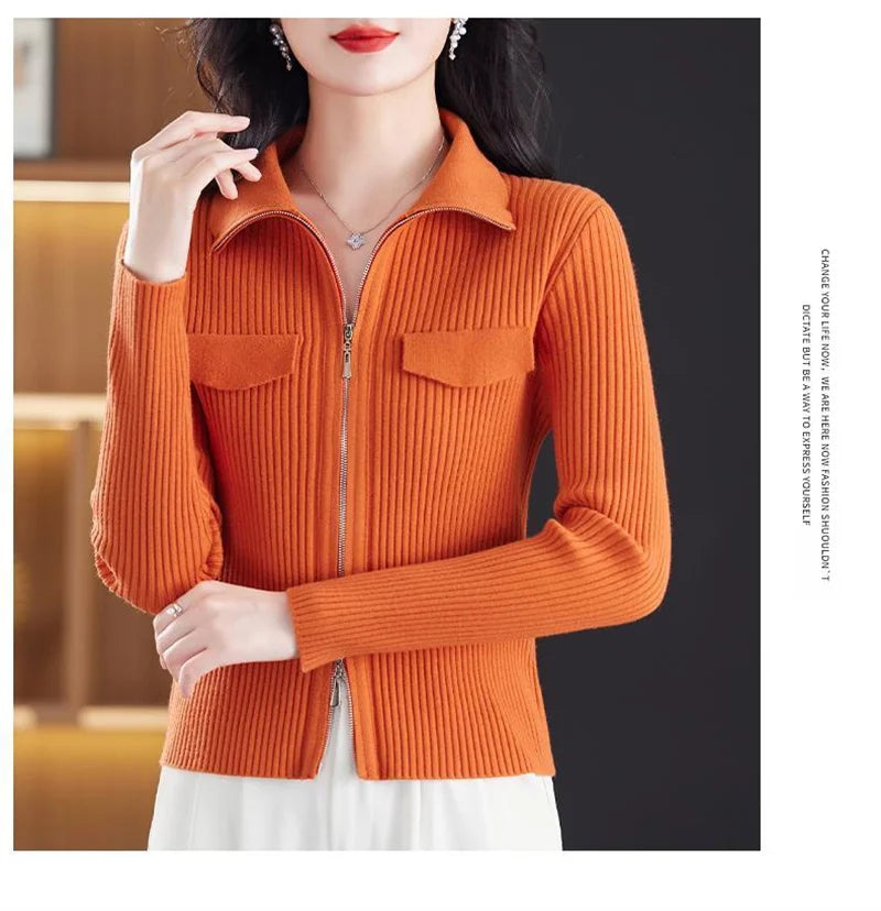Cardigan Court Femme à Fermeture Zippée – Tricot Uni Col Revers Style Coréen Printemps Automne 2025.