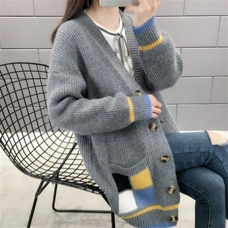 Cardigan Femme Mi-long – Manteau Tricoté Loose Style Coréen Printemps Automne.