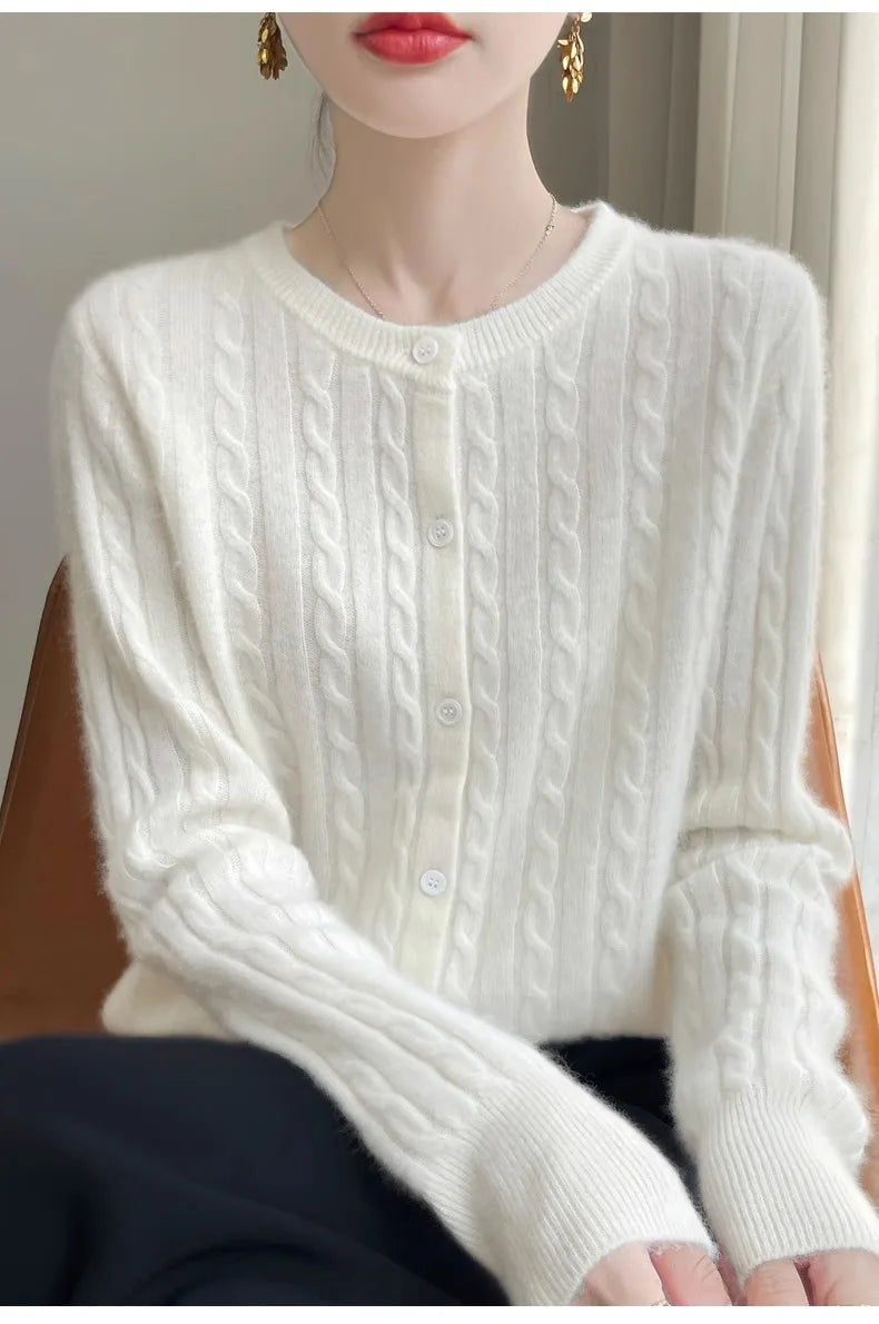 Cardigan Femme Blanc – Tricot Uni Col Rond Boutonné Manches Longues Automne Hiver 2025