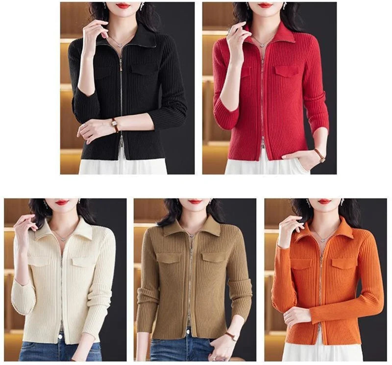 Cardigan Court Femme à Fermeture Zippée – Tricot Uni Col Revers Style Coréen Printemps Automne 2025.