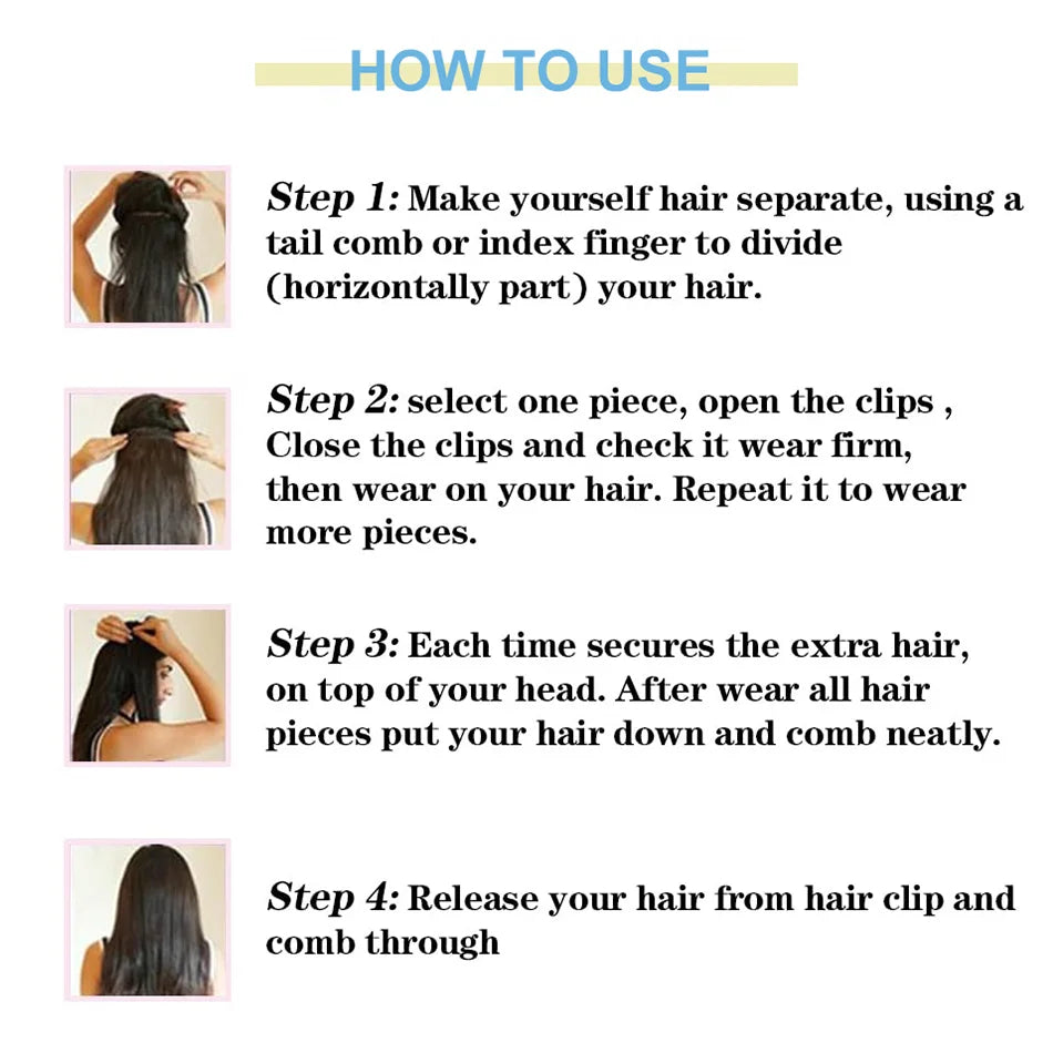 Extensions cheveux naturels brésiliens lisses – clips 100% Remy Human Hair
