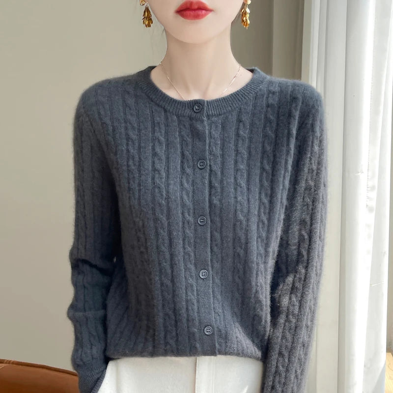 Cardigan Femme Blanc – Tricot Uni Col Rond Boutonné Manches Longues Automne Hiver 2025