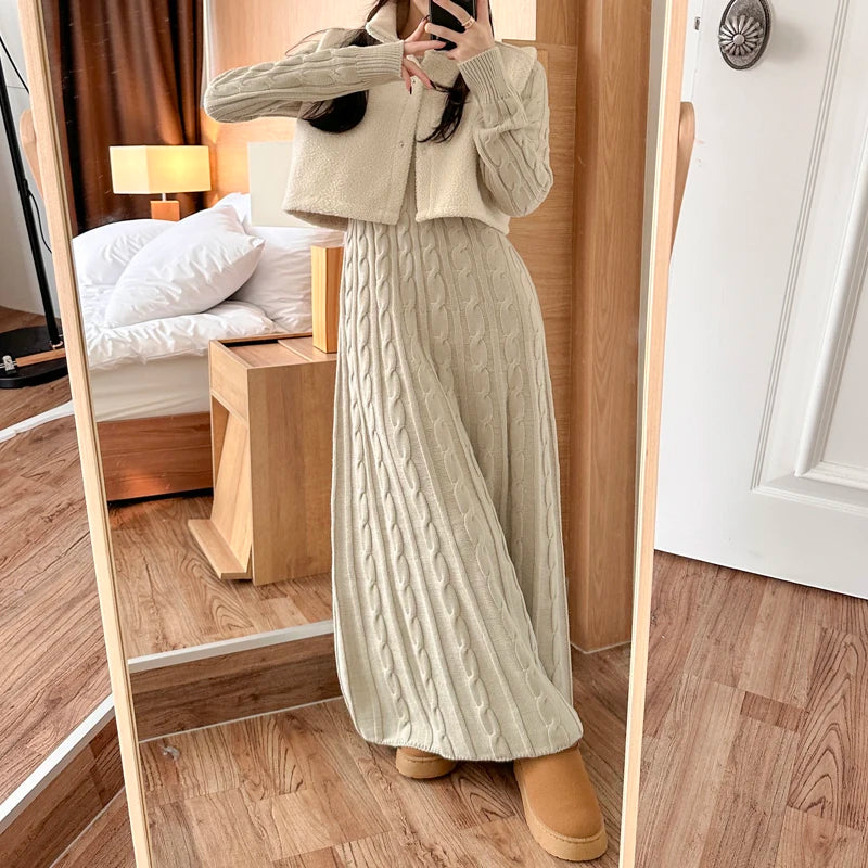 Robe pull longue femme hiver – maille torsadée chaude, coupe évasée élégante